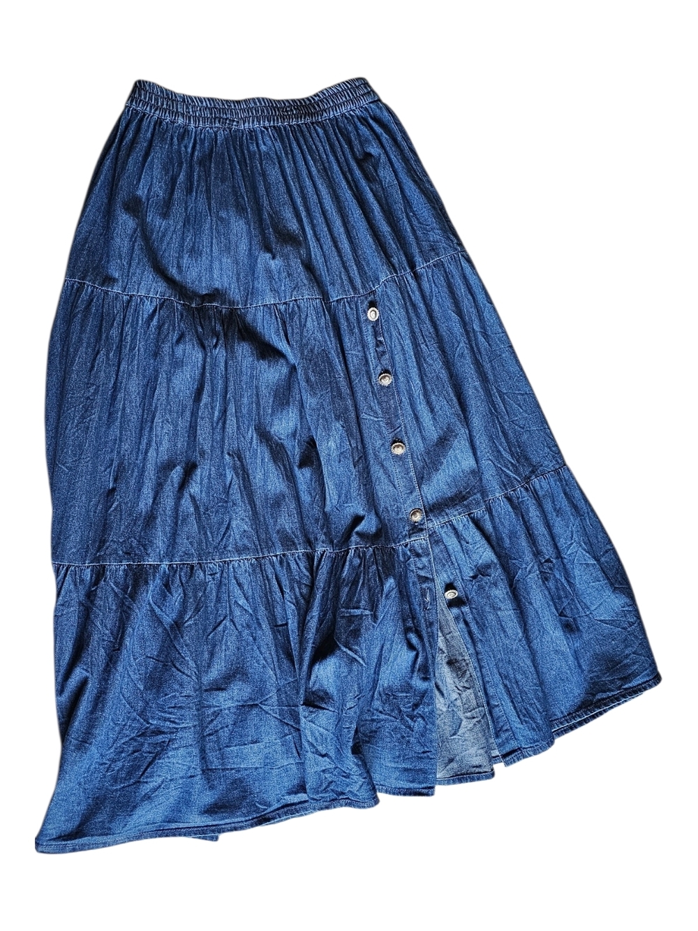 Crazy Cowgirl Denim Tiered Maxi Skirt Small Western Prairie Boho Concho Button
